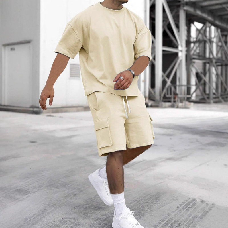 Men Tracksuit Oversized Cargo Shorts Two Piece Outfit Loose Crew Neck T-shirt Drawstring Waist Casual Summer Tracksuit Big Size Daily Street MEN CLO