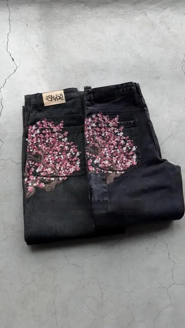 Derschutze Patchwork Cherry Blossom Embroidery Denim Pants Y2k Vintage Women Baggy Straight Wide Leg Jeans Street Men Clothes d96