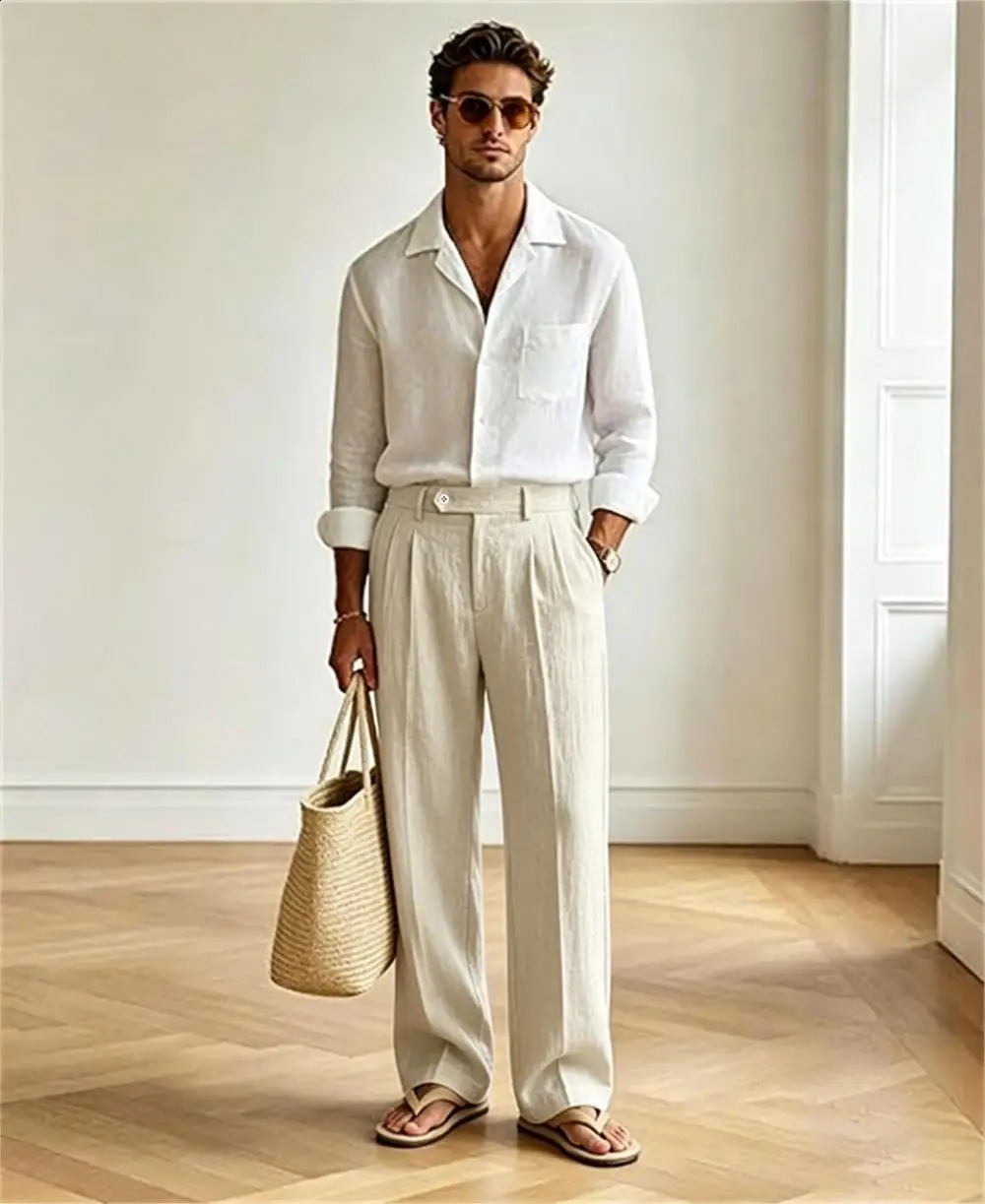 Mens Linen Casual Dress Pants Old Money Pleated Wide Leg Baggy Vintage Relaxed Fit Slacks Work Office Trousers 260707BJ
