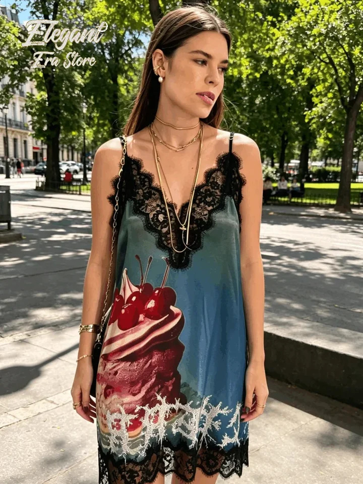 Elegant Satin Floral Printed Lace Tirm Women Dress Sexy Vneck Sleeveless Loose Short Vestidos 2026 Summer Lady Party Outfits 260707BJ