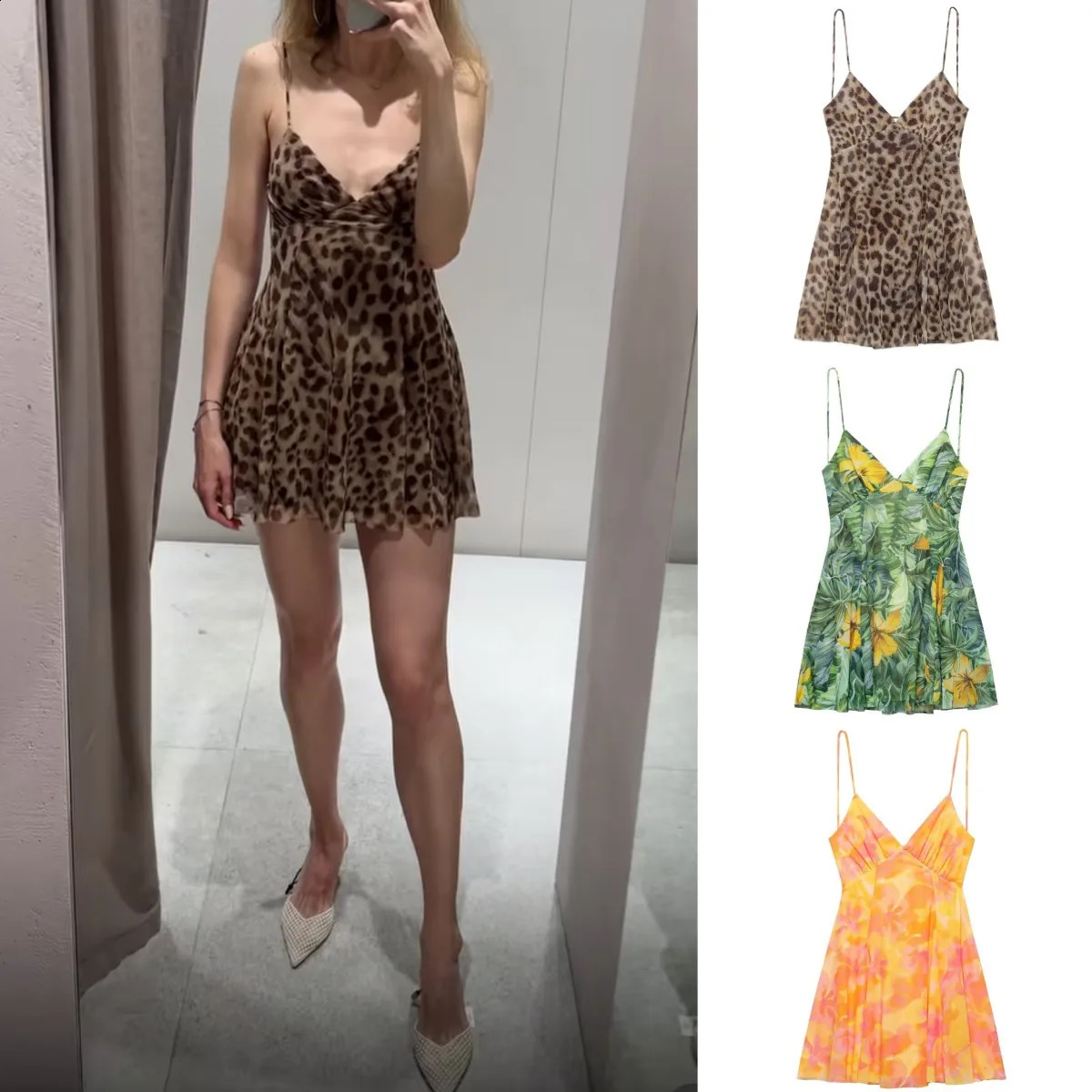 ETJ Summer collection Womens vacation Style printed silk mesh sexy Vneck halter short Dress Girl 260707BJ