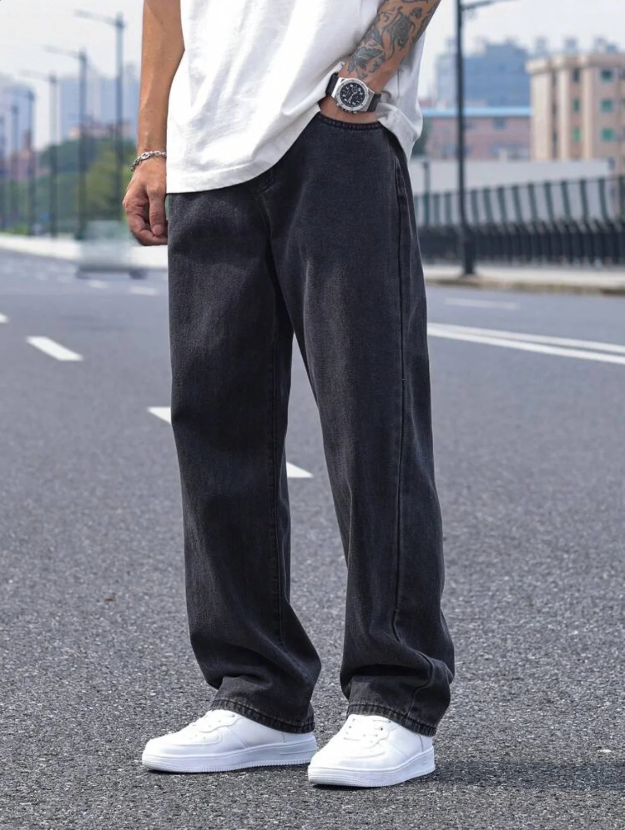 Mens Casual Long Jeans Classic StraightLeg WideLeg Solid Color 260707BJ