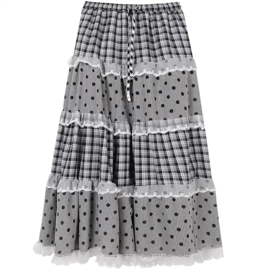 French lace spliced black and white gingham polka dot cake long skirt n retro classic romantic elegant half 260707BJ