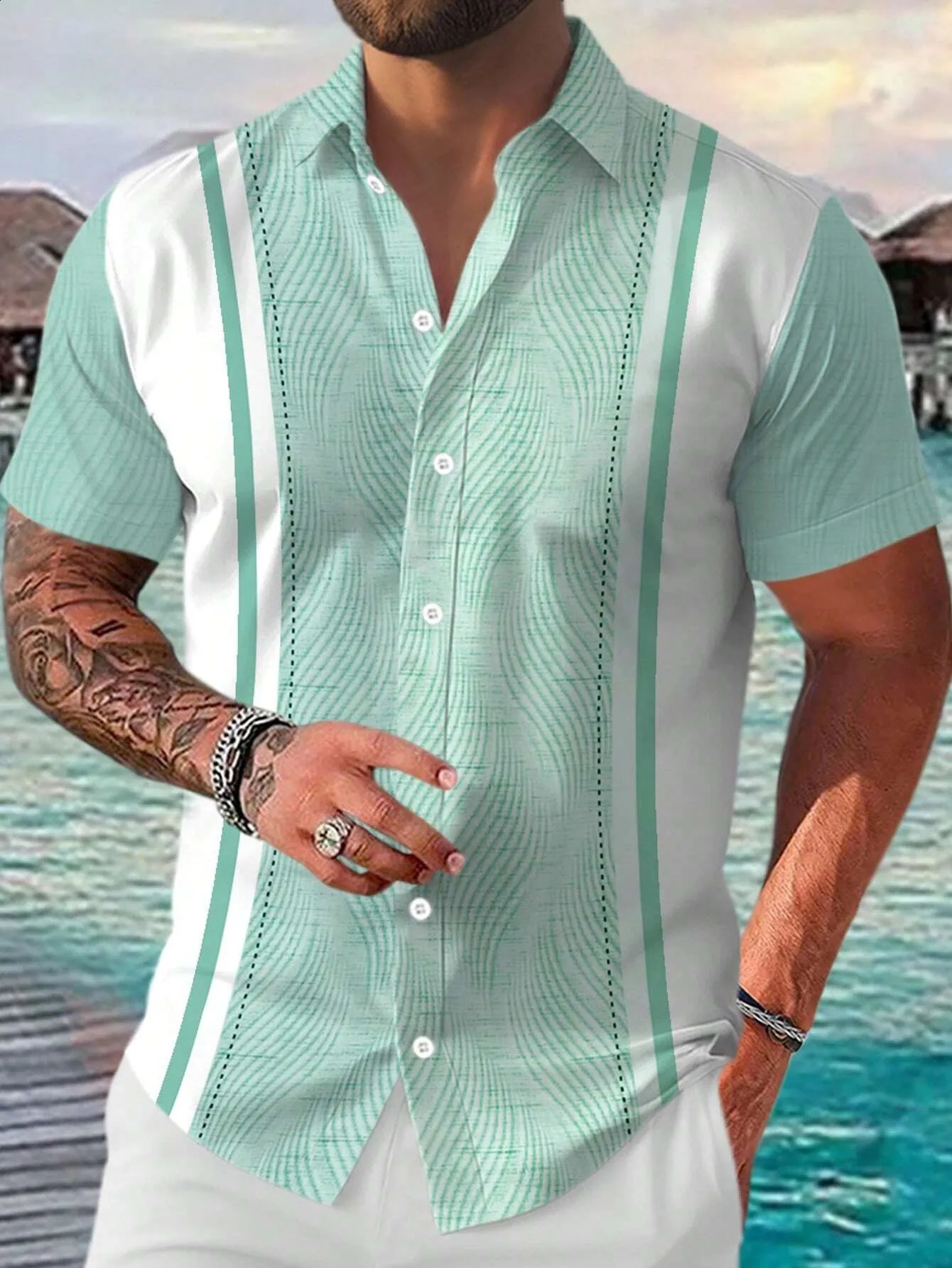 The mens shortsleeved shirt for summer is breathable lightweight casual and fashionable with 3D printing 260707BJ