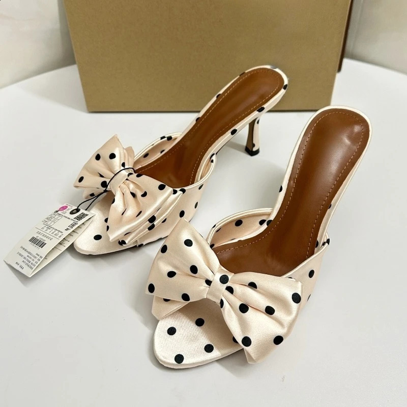Polka Dot Bowknot Women Mules Sandals Peep Toe Retro Satin Stiletto Slip on Casual Dating Summer High Heels Shoes for Ladies 260708BJ