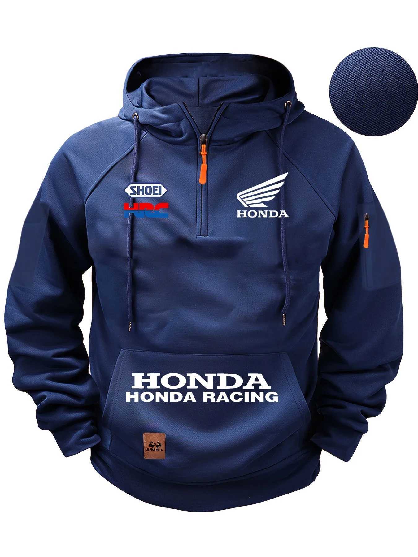 New Honda Mens Hooded Sweatshirt with Multi-Pocket Zipper Loose Pullover Plus Size Fashion Autumn Clothing T260707