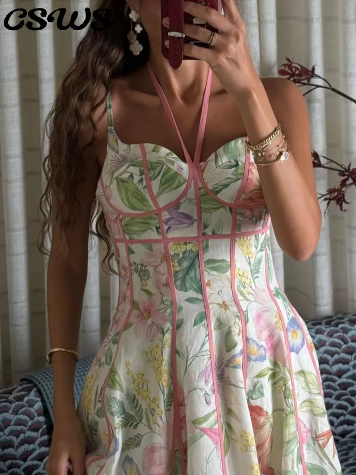 Elegant Printed Flower Womens Dress Contrast Sleeveless Halter WaistClosed ALine Lady Dresses Summer Fashion Vacation Robe 260707BJ