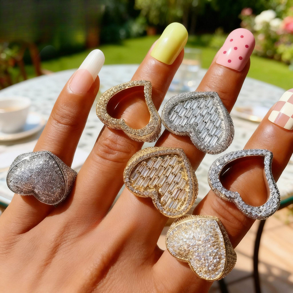 New Foreign Trade Product: Large Heart Shaped Zircon Ring Exaggerated European And American Style Hand Jewelry Cross Border Wholesale In Stock