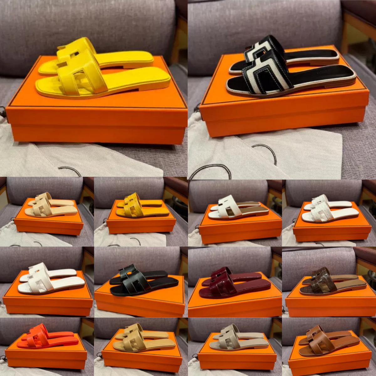 with box Designer womens H Slippers Sandals beach shoes word leather retro crocodile leather matte black white gold yellow blue pink grey White Brow