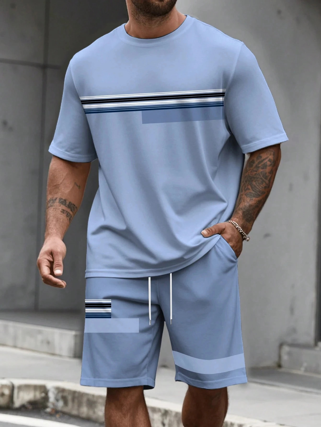 Casual Stripe Printed Tshirt Shorts Set Large Size Loose Mens Short Sleeve Tee Elastic Waist 2piece Sports Clothes 260707BJ