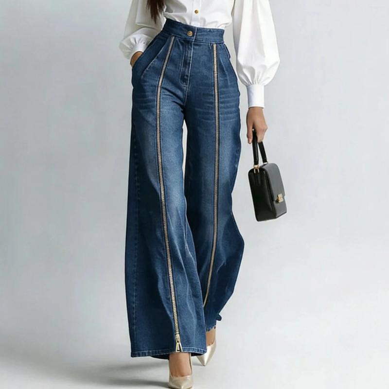 Women's Jeans High Waist Gold Zipper Wide Leg Straight Loose Denim Pant Washed Casual Palazzo Trousers Pockets For Women