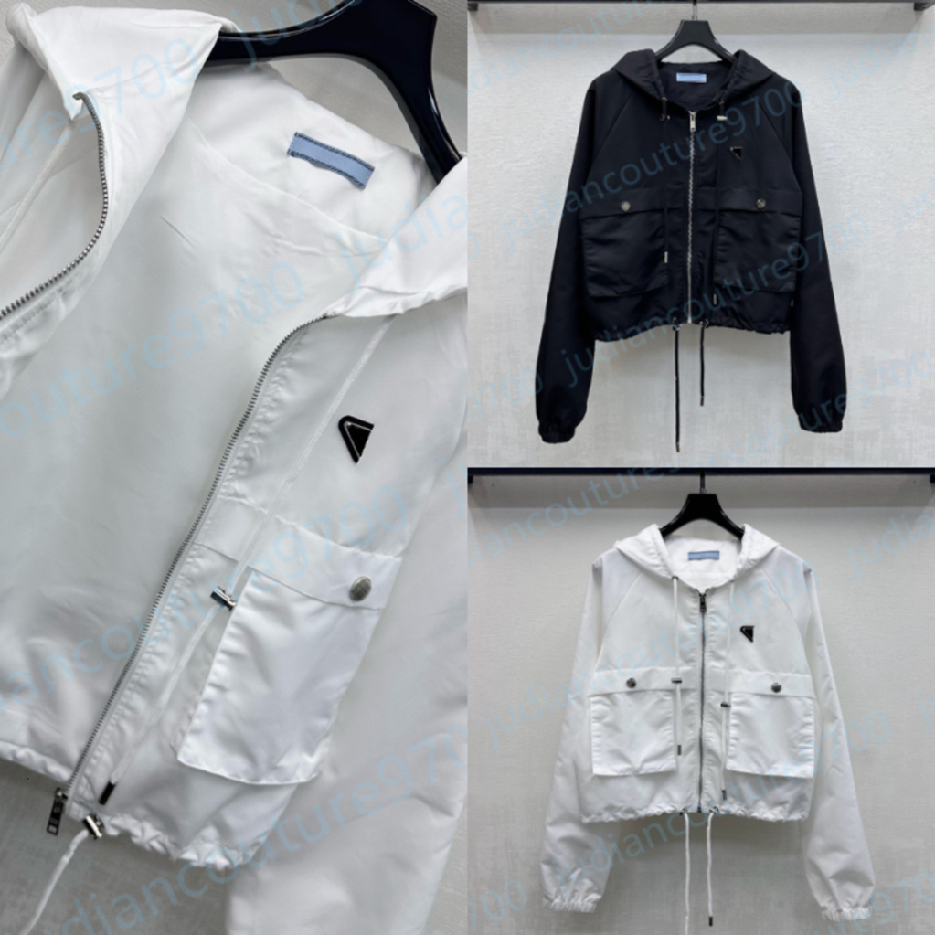Zip Up Cropped women Jacket Hooded Windbreaker Jacket designer Classic Triangle Brand Logo Patch Lightweight Nylon Outerwear Casual Outdoor Coat