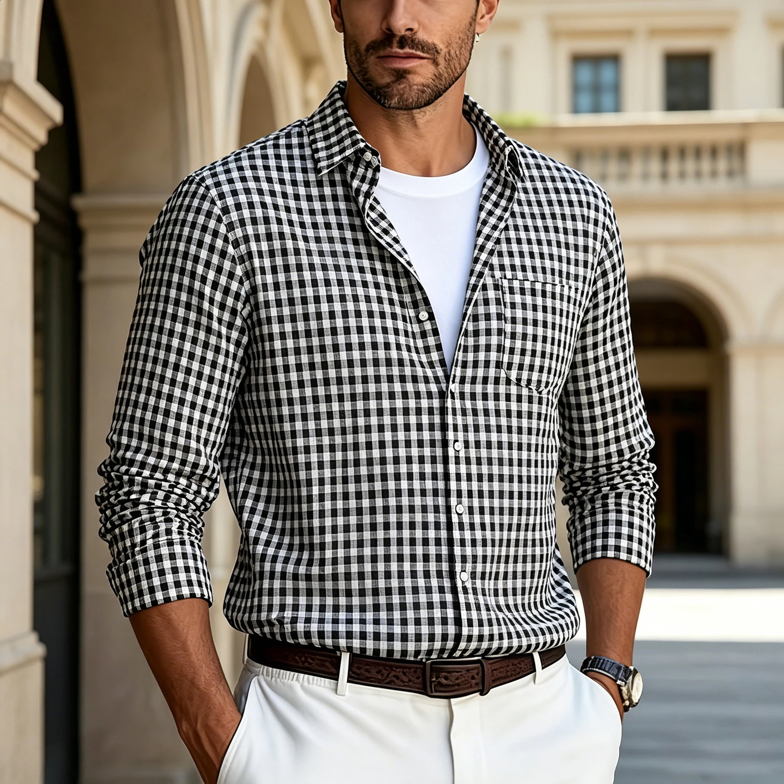 Mens fine check longsleeved shirt collared casual with pockets retro and versatile mens top for commuting 260707BJ