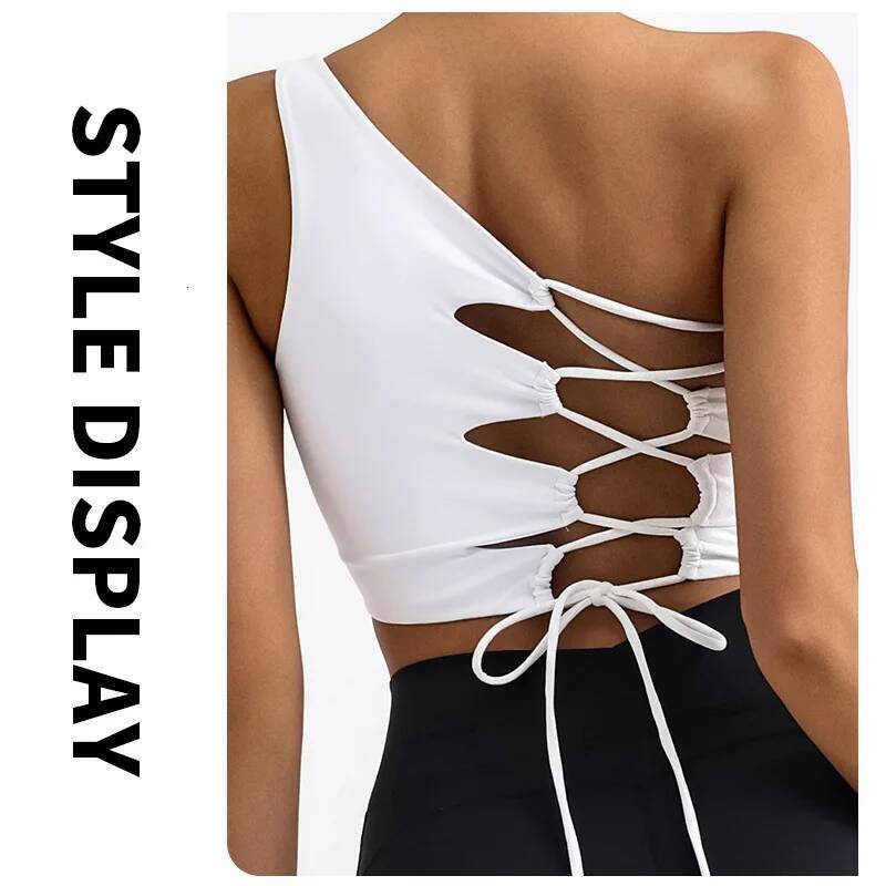 Women Yoga Sports Bra Irregular Shoulder Lace Up Crisscross Back Bare Skin Feel With Padded Chest Gym Workout Tank Top