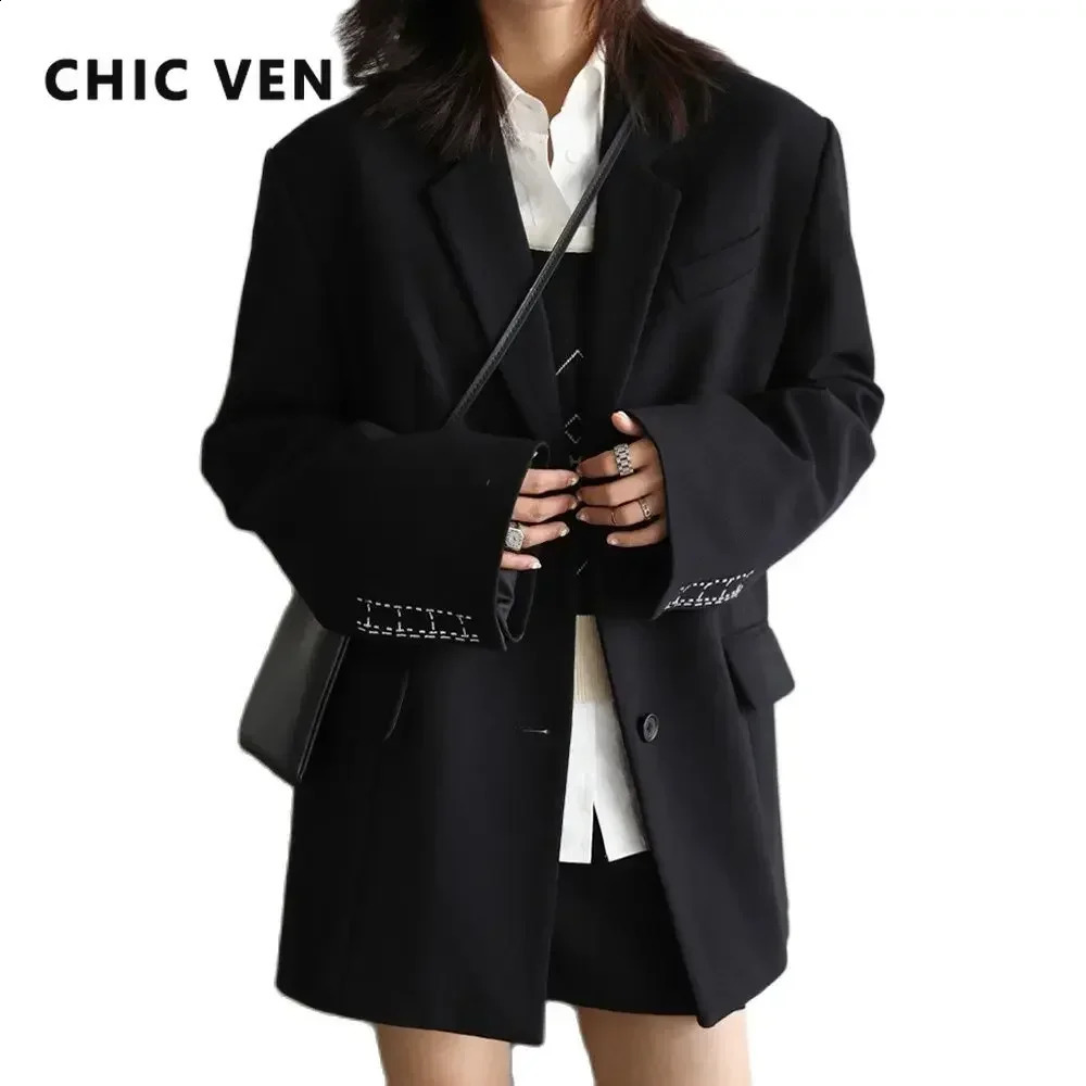 CHIC VEN Womens Fashion Blazer Set Solid Loose Office Lady High Waist Pants Suits Outerwear Coat Female Tops Spring Autumn 260612BJ