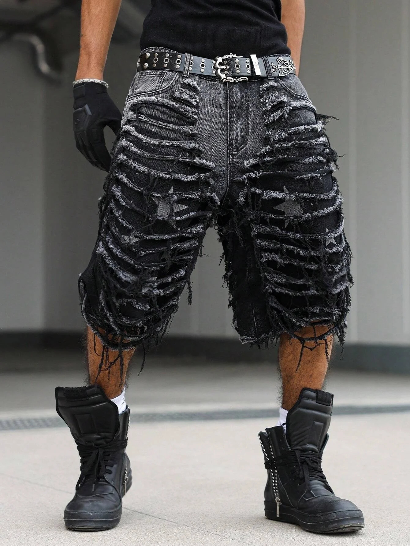 Mens Gothic Vintage Aesthetic Black Washed Ripped Denim Shorts Summer Trendy Loose Raw Edge Fringed FivePoint Pants 260630BANJIA