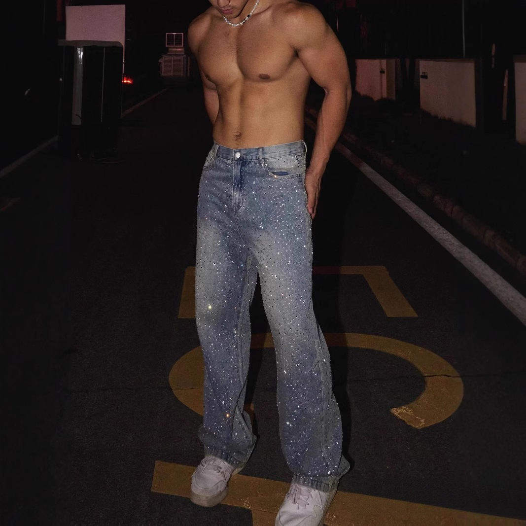 Designer 2026 New High Street American Style Full Jeans for Men Unique Sparkling Diamond Vintage Straight Leg Trousers in Blue In Stock 04 03