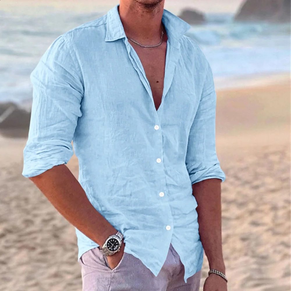 Mens Shirt Cotton linen Fashion Casual Polo Neck Beach Long Sleeve Solid Hawaiian Holiday Shirts 260707BJ
