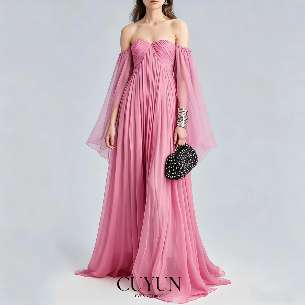 CUYUN Elegant Chiffon Off the Shoulder Evening Dresses Women Summer Event Gown for Formal Occasion Customized Prom Party 260707BJ