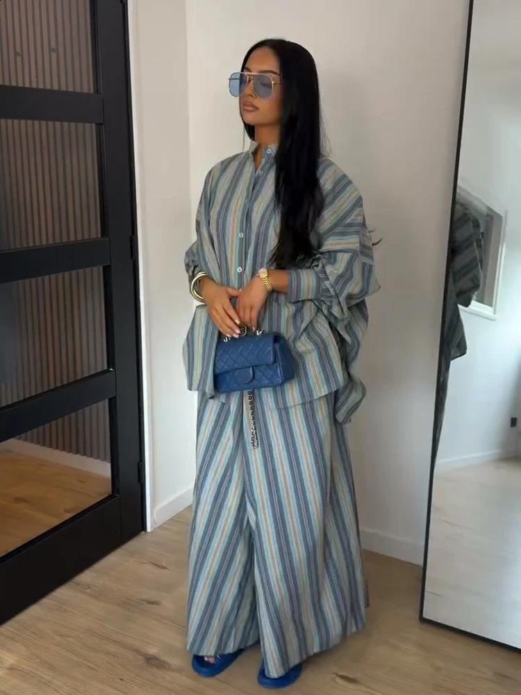 Fashion Stripe Long Pants Set Women Chic Lapel Single Breasted Shirt High Waist Wide Leg Trousers 2026 Spring 2 Pcs Outfits 260707BJ
