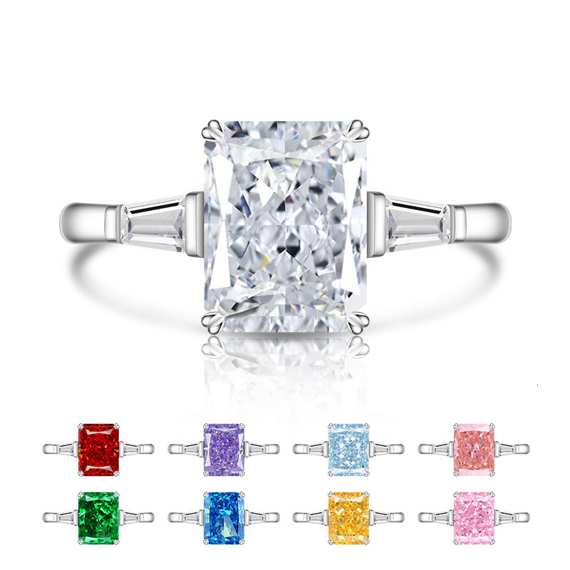 Live Stream Hot Selling Colored Gemstone Ice Cut Rectangular Dazzling High Carbon Diamond Fashionable And Simple Ring Available For Dropshipping