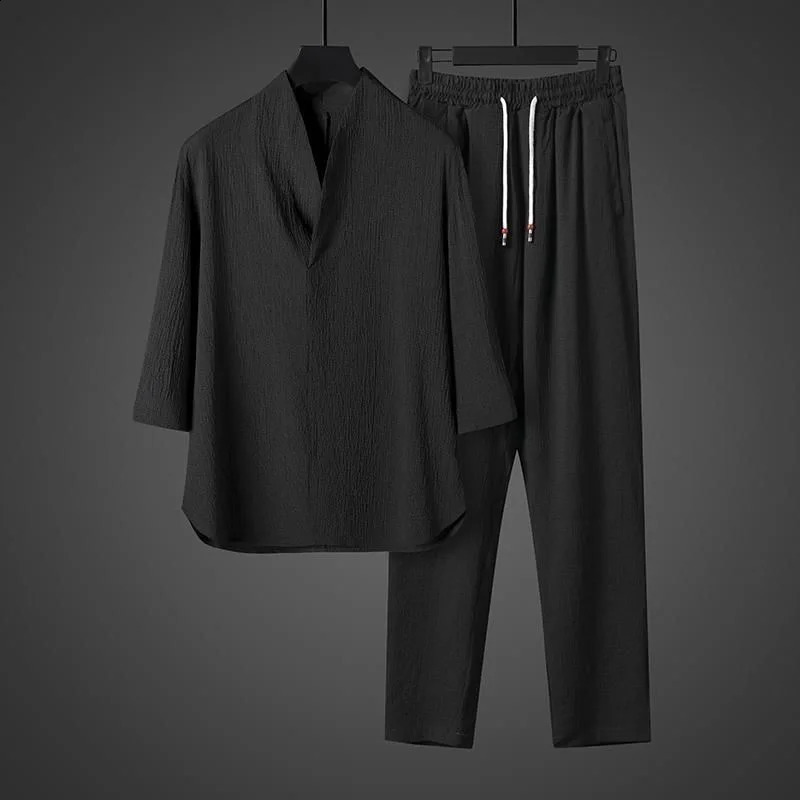 Spring Summer Thin Men Set Two Pieces Ice Silk V Neck Button Half Sleeve Tops Breathble Solid Color Pants Fashion 260707BJ