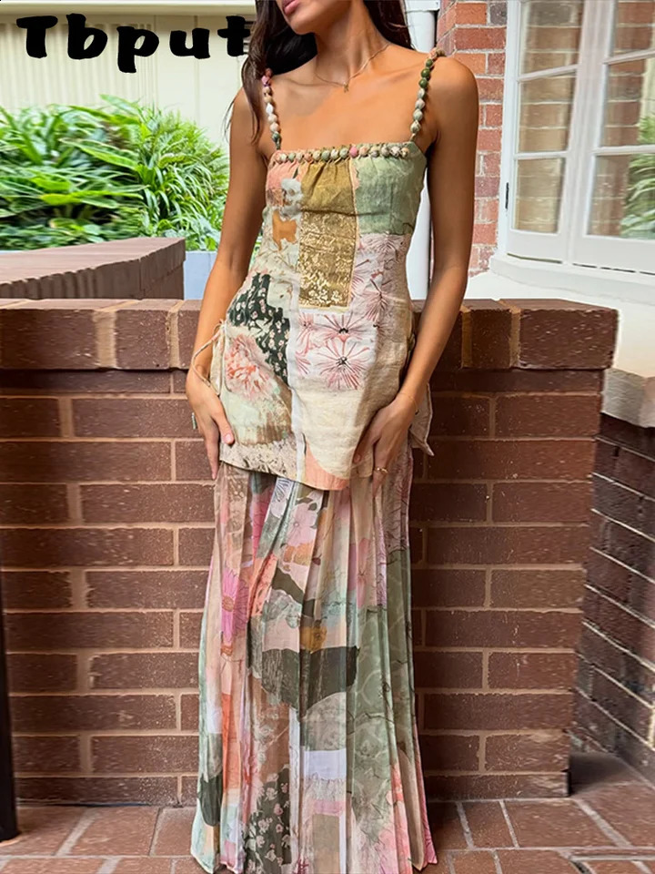 Sexy Printed Womens Dress Slip Top Sleeveless Pleated Lace Up Lady Long Dresses 2026 Summer Fashion Female Vacation Robe 260707BJ