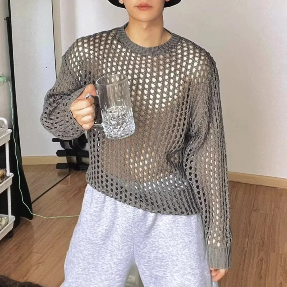 HighEnd Hollow Round Neck Sweater Mens Spring And Autumn Loose Knitted n Niche LongSleeved Outerwear Tops Men 260707BJ