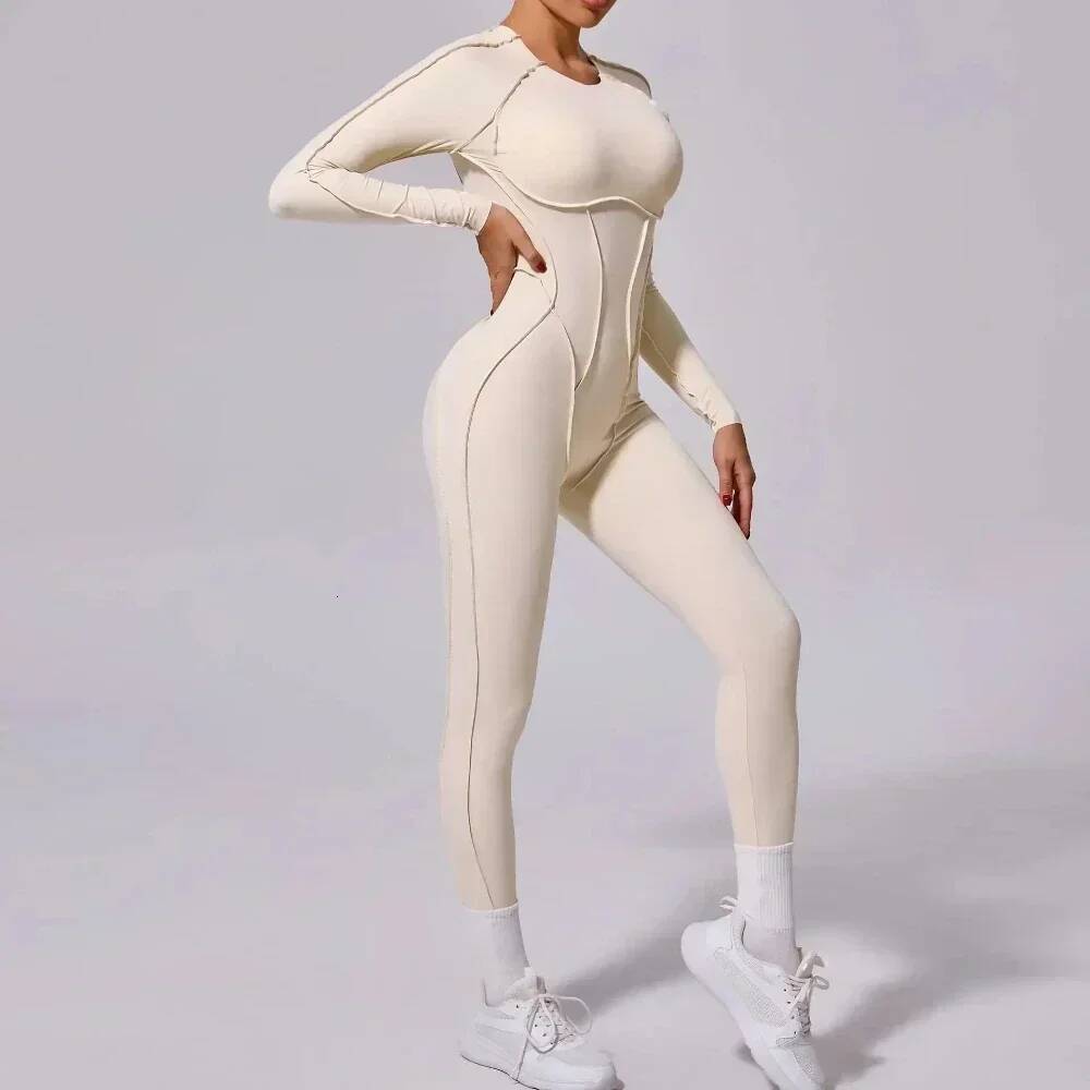 Women Long Sleeve Open Back Yoga Bodysuit Hip Lifting One Piece Jumpsuit Outdoor Gym Running Workout Fitness Sportswear