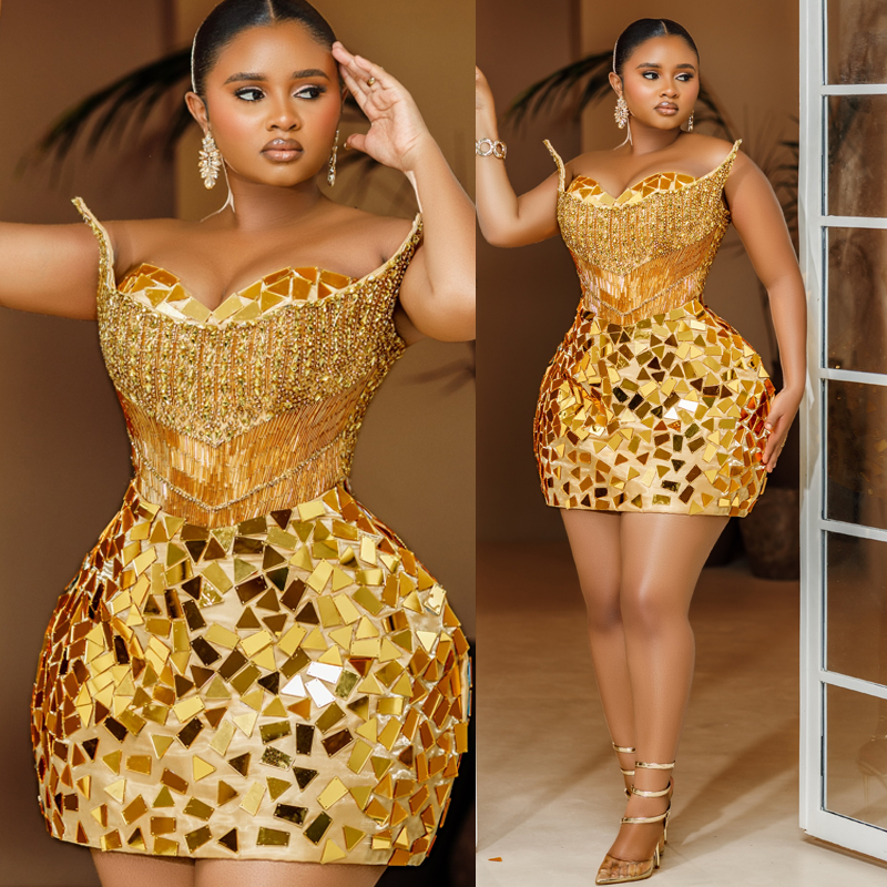 2026 Plus Size Gold Cocktail Dresses For Women Illusion Short Mini Dress Sparkling Mirror Sequined Pearls Pleated Beaded Lace Birthday Dress Short P