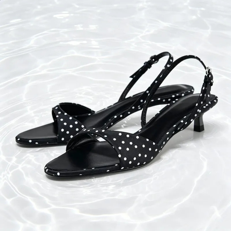 Fashion Polka Dot Kitten Heel Sandals Women High Quality Satin Back Strap Buckle Heels Sandal Comfort Elegant Dress Shoes 260708BJ