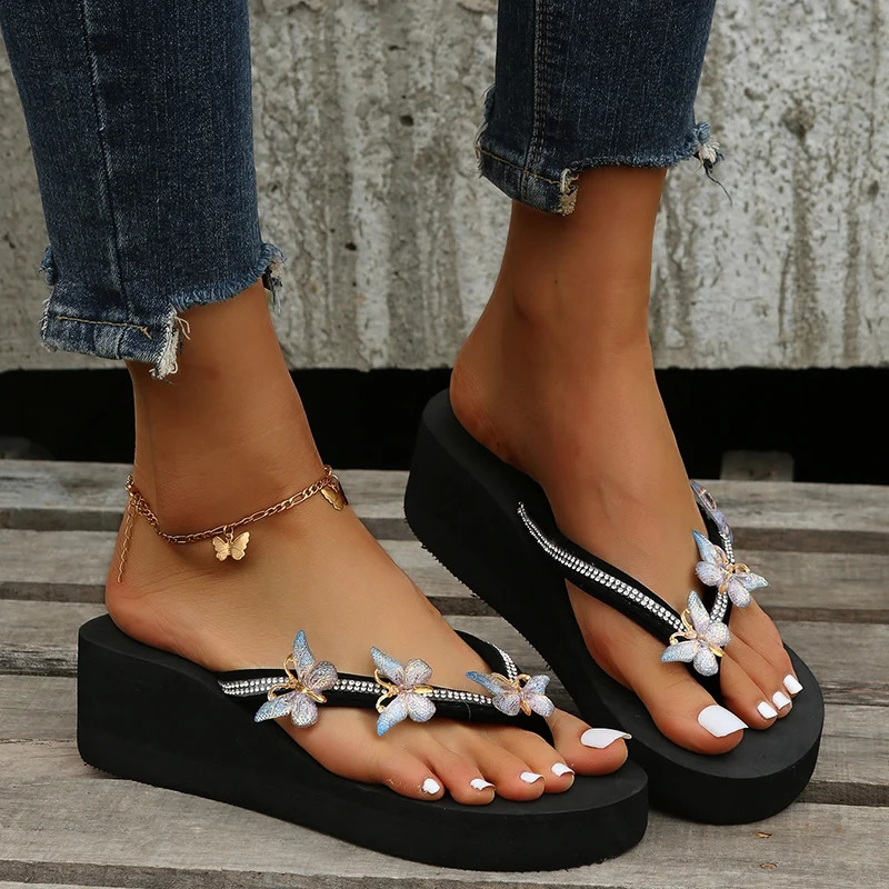 Crystal Butterfly Wedge Heel Flip Flops Women Summer Chunky Platform Slippers Soft Thick Bottom Beach Sandals 260708BJ