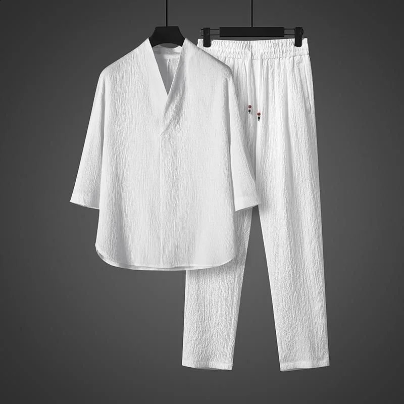 Summer Fashion Trend Solid Color Ice Silk Breathable TwoPiece Mens Leisure Loose Sports PlusSize HighQuality Suit 260707BJ