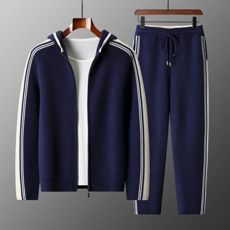100 wool mens matching set hooded collar zipper cardigan jacket casual knitt pants pocket loose 2piece sports suit stripe 260707BJ