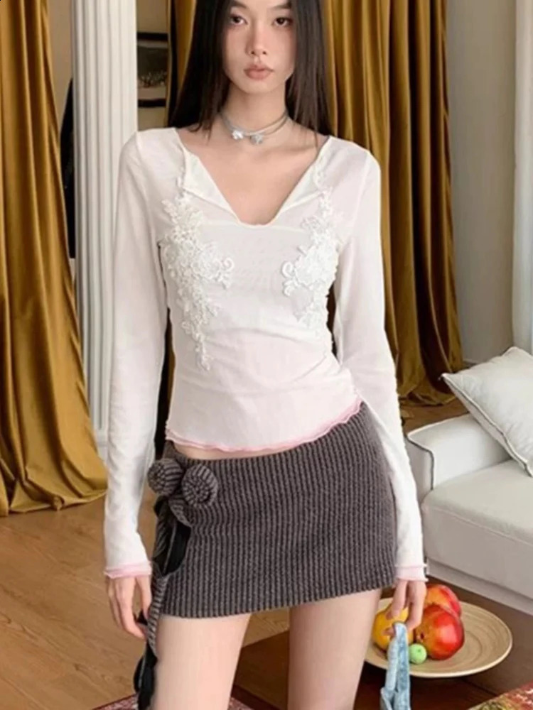 2026 Autumn Womens Chinese Style T-Shirt Pure Sexy Embroidered See-Through Mesh Long Sleeve Blouse Slim-Fit Y2K 260707BJ
