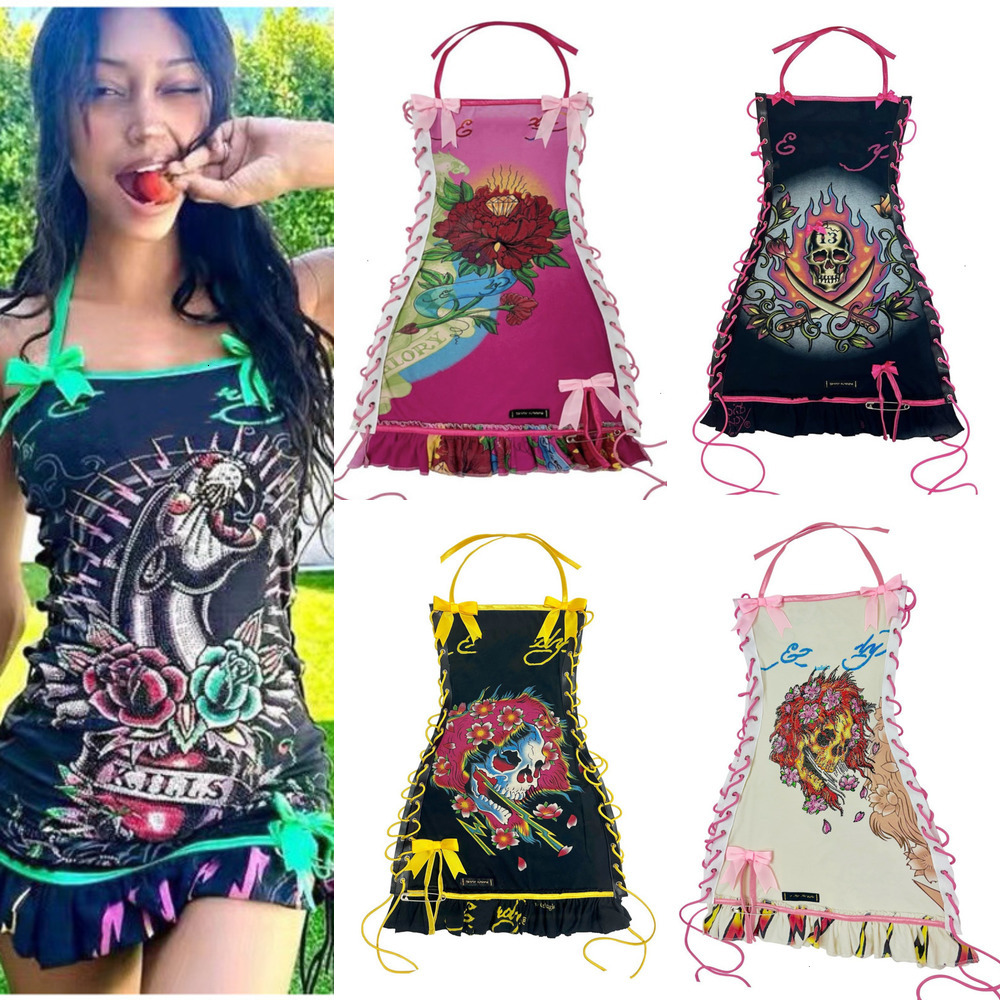 Robe de créateur pour femmes, nouvelle mode imprimée, jupe Sexy sans bretelles, cordon de serrage, col licou, robes avec nœud