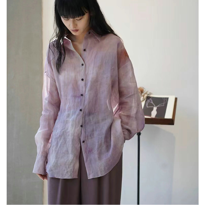 Shirt women's spring and summer high-end sense light and breathable smoke powder ramie printing loose long-sleeved shirt
