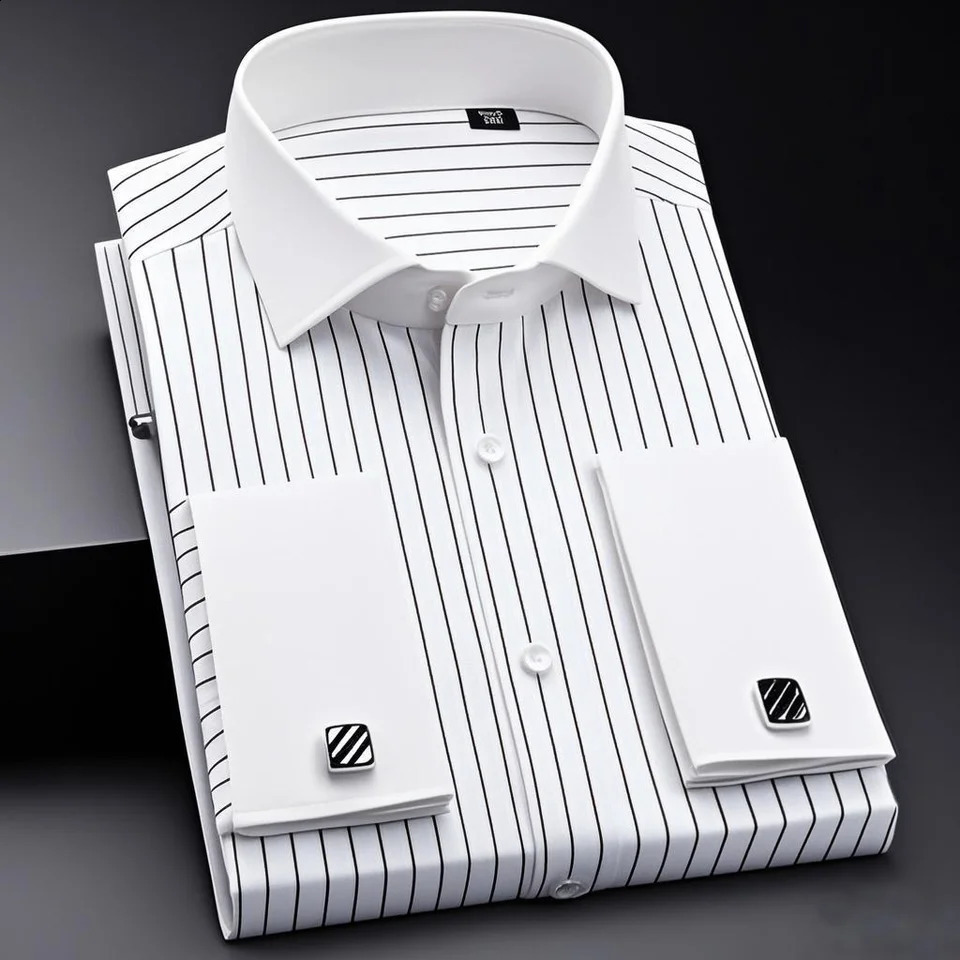 Mens French-style cufflink shirt slim fit suitable for business formal wear A striped and fashionable mens top for white-co 260708BJ