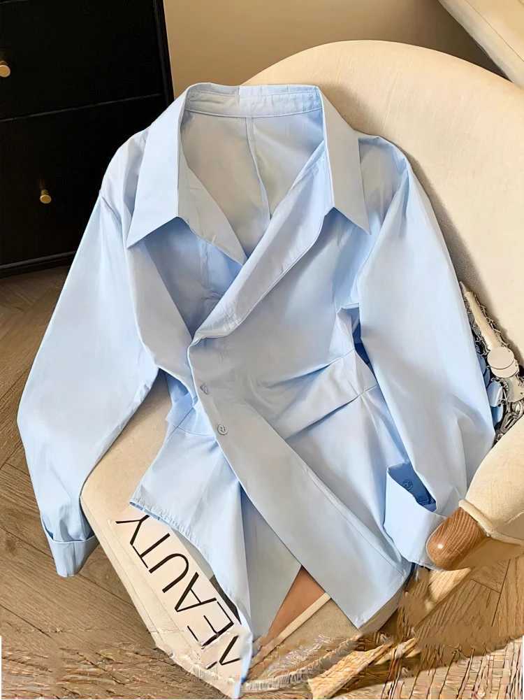 Designer Irregular Long slve Polo Shirt Women Tunic White Elegant Basic Top Blouse Ladies Fashion Work Wear ShirtsH260709