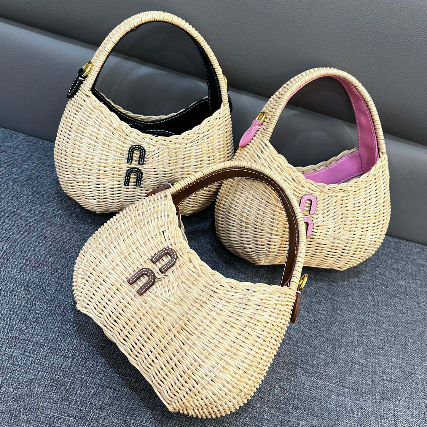 Mminiubag Designer bag Luxury Bag high quality Woven Bucket Tote Bag Vintage Shoulder bag letter pattern Handwoven Straw Korean Casual handbag Cross