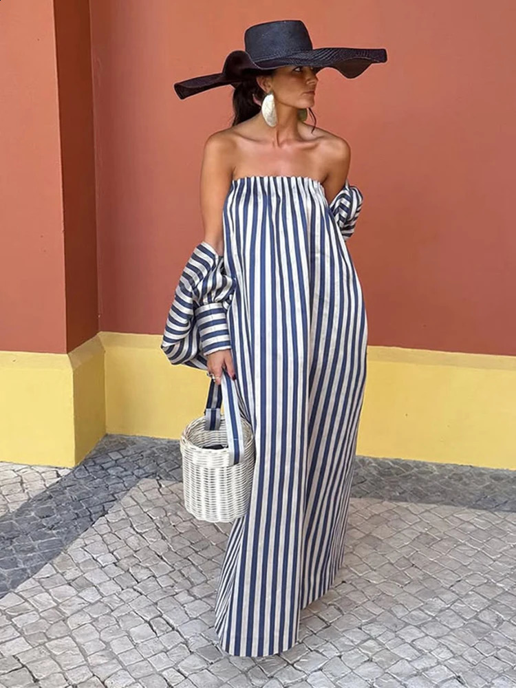 Womens Vertical Stripe Print Strapless Maxi Dress Off Shoulder Loose Fit Long Dresses 2026 Summer Fashion Elegant Casual Robe 260708