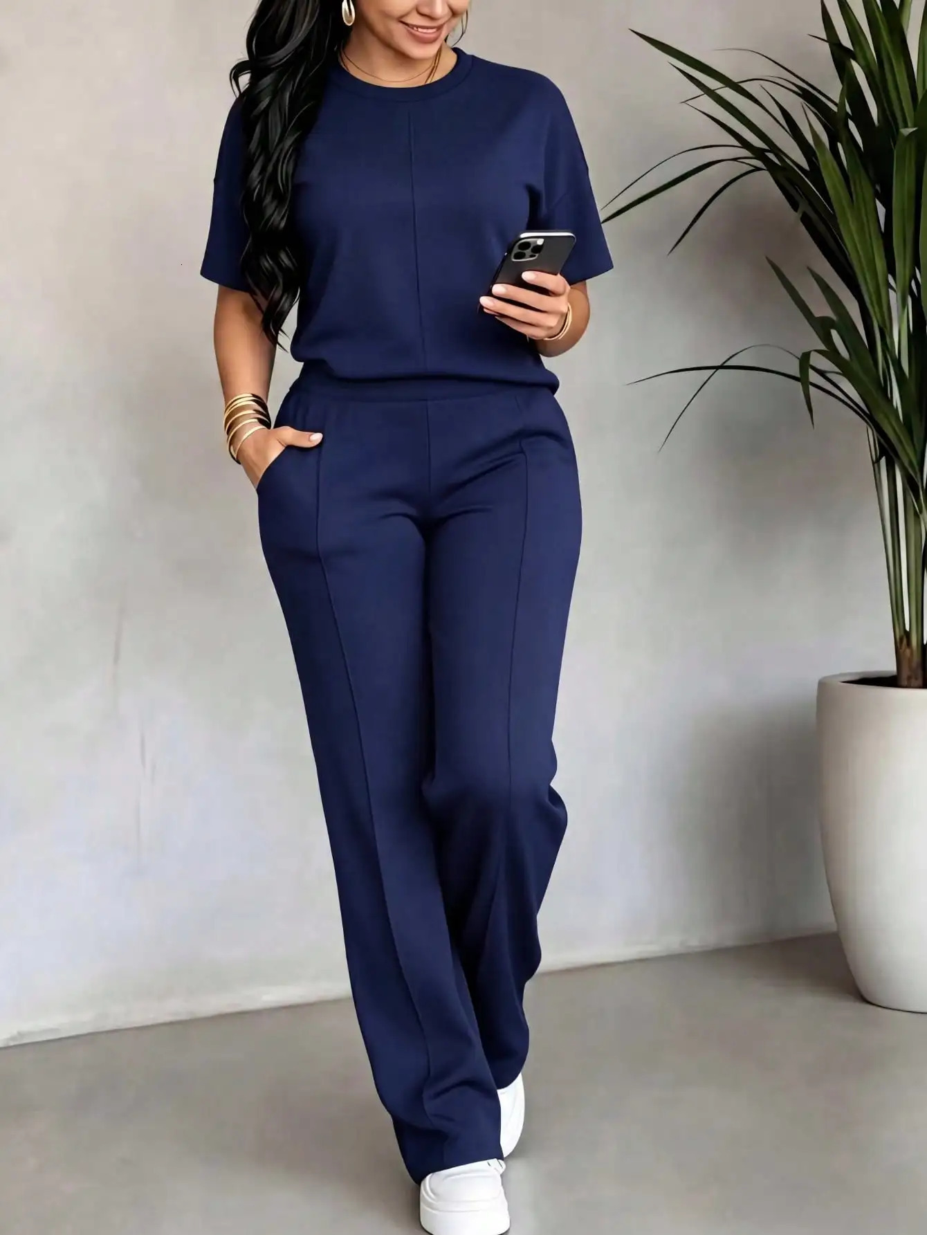Spring and Summer Ladies Set Comfortable SolidColor ShortSleeve Top with Elastic Waist Pocketed Long Pants TwoPiece 260709banjia