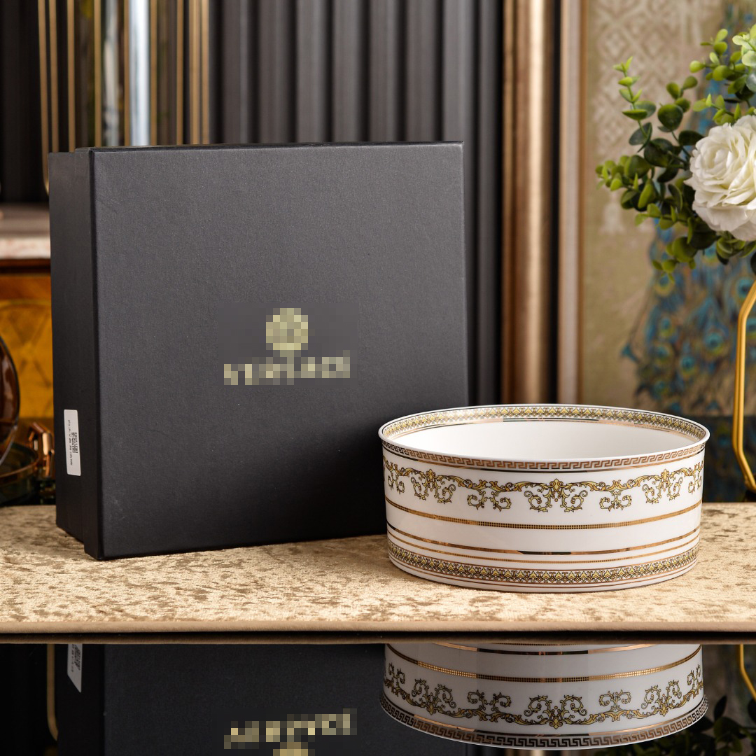 Luxury Gold Scroll Bone China Deep Soup Bowl Single Gift Box, White Porcelain Large Serving Bowl with Vintage Golden Floral Geometric Rim, Light Lux