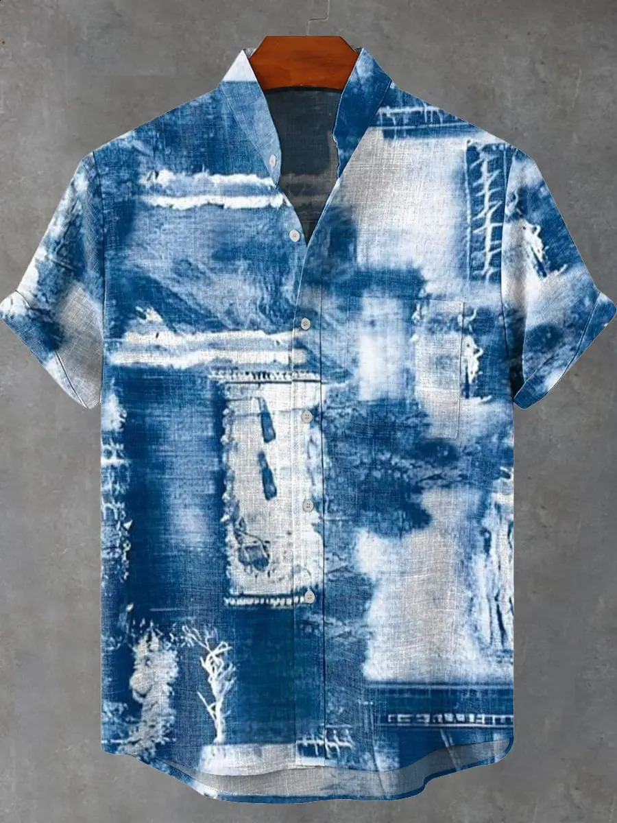 Mens Shirt Comfortable Short Sleeve Linen 100 Mens Shirt Elegant Geometric Striped Pattern Casual Fashionable Shirt 260708BJ