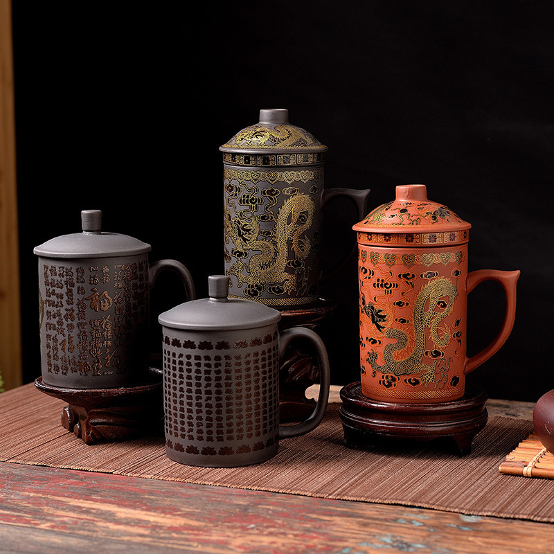Heat-sensitive Color-changing Purple Clay Sutra Hundred Blessings Strainer Tea-water Separation Tea with Lid Large Dragon Pattern Cup-image-1114260976