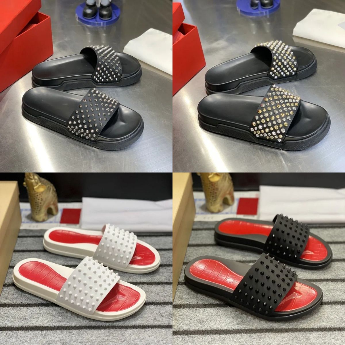 With box Red bottoms MEN Slippers Man Classic Spike Flat Spikes Slide Sandal Thick Rubber Sole Slipper Studs Slides Platform Mules Summer Casual Fas