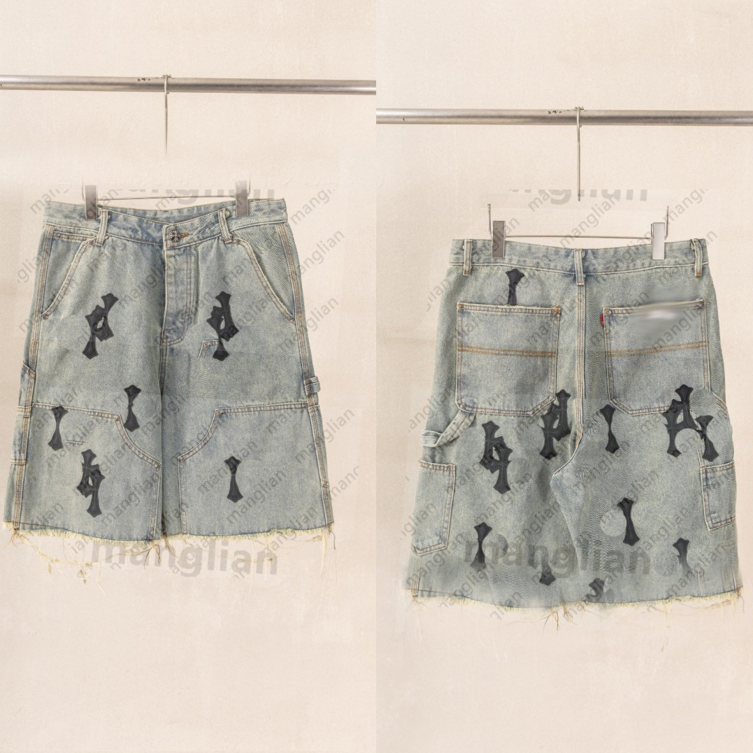 Men's Jeans Street style loose denim shorts cross style embroidered worn-out linen unisex casual shorts-image-1114257632