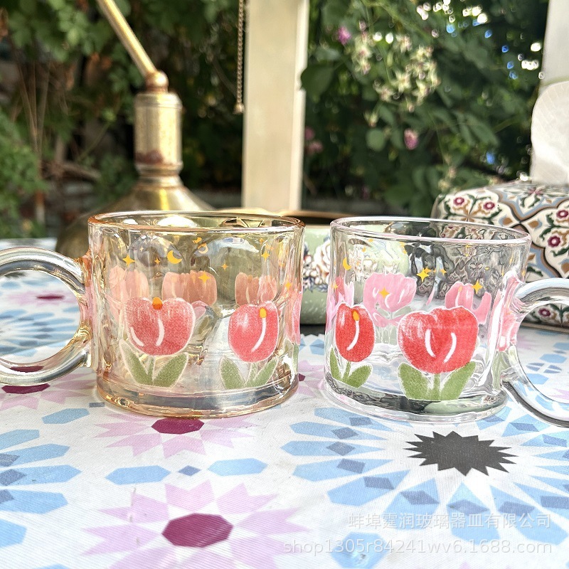 Home Tulip Light Luxury Glass Ins Style Printed High-Value Coffee Summer Women's Beverage Gift Cup