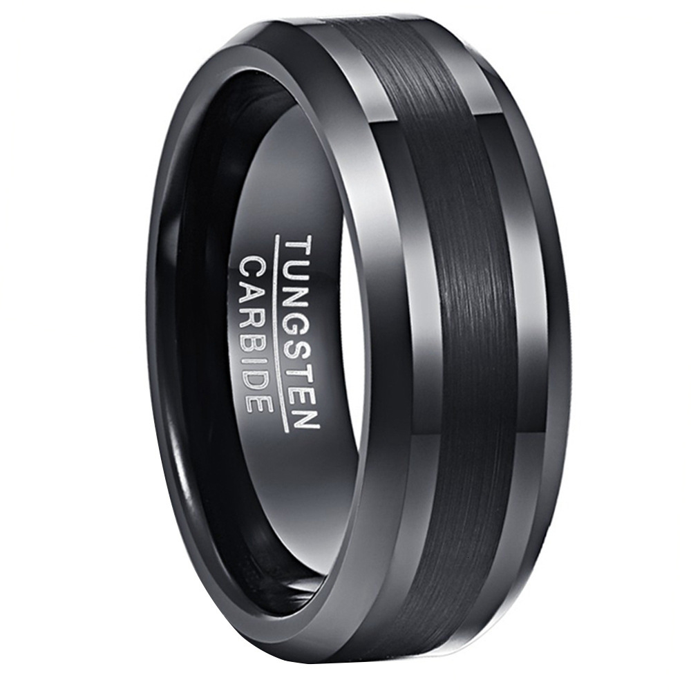 In Stock 8Mm Wide Black Chamfered Interline Gold Ring Men's Tungsten Steel