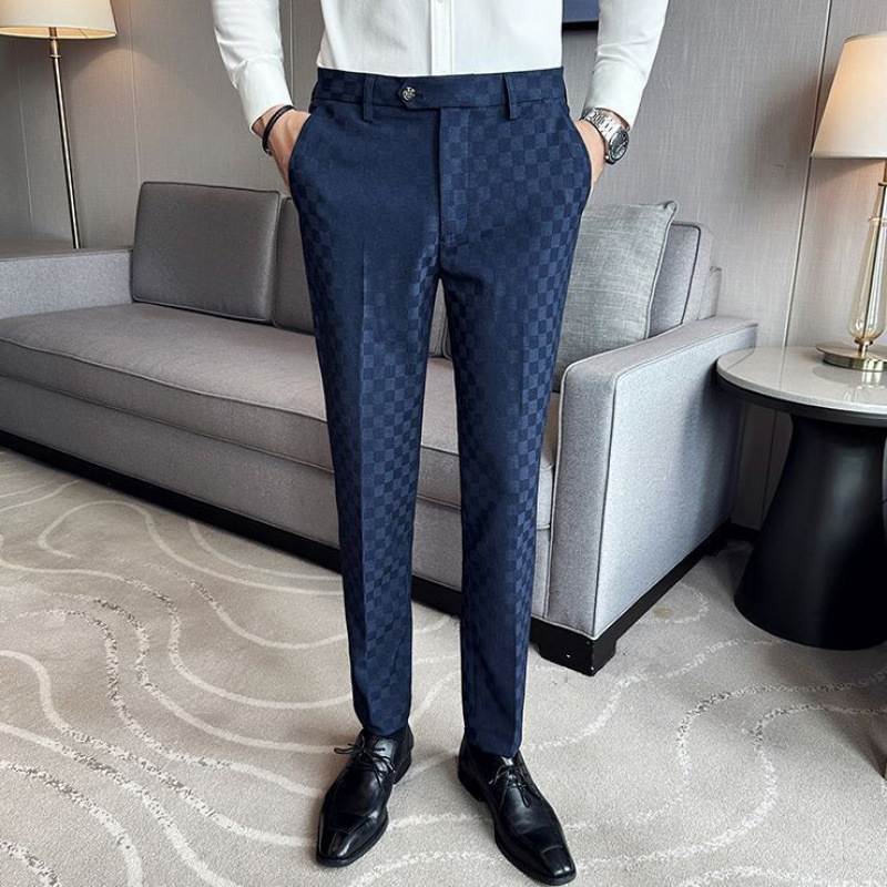 Men's Plaid Trousers New Casual Long Korean Version British Style Slim Fit Suit Pants